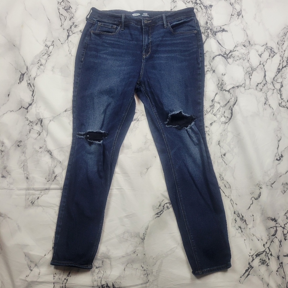 Old navy Super Skinny Rockstar dark wash Distressed denim jeans size 14 high ris